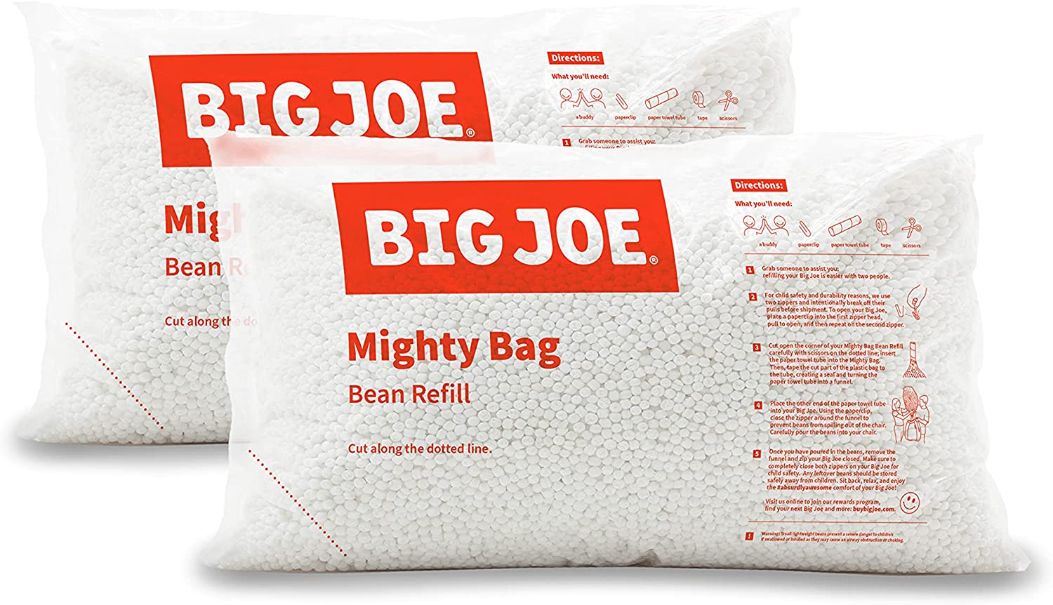 Big Joe Bean Refill 2Pk Polystyrene Beans for Bean Bags or Crafts， 100 Liters per Bag