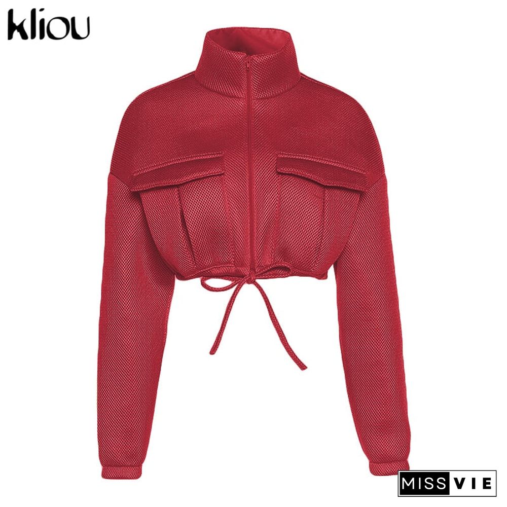 Kliou Mesh Plaid Autumn Spring Coat Women Trend Turtleneck Zipper Pocket Crop Jacket Solid Slim Drawstring Female Outerwear Hot