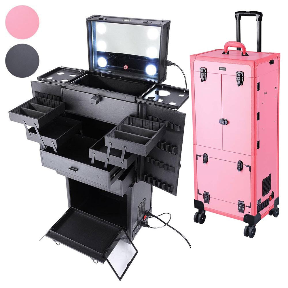 TheLAShop Pro Artist Rolling Makeup Case w/ Tact Switch Lights & Mirror