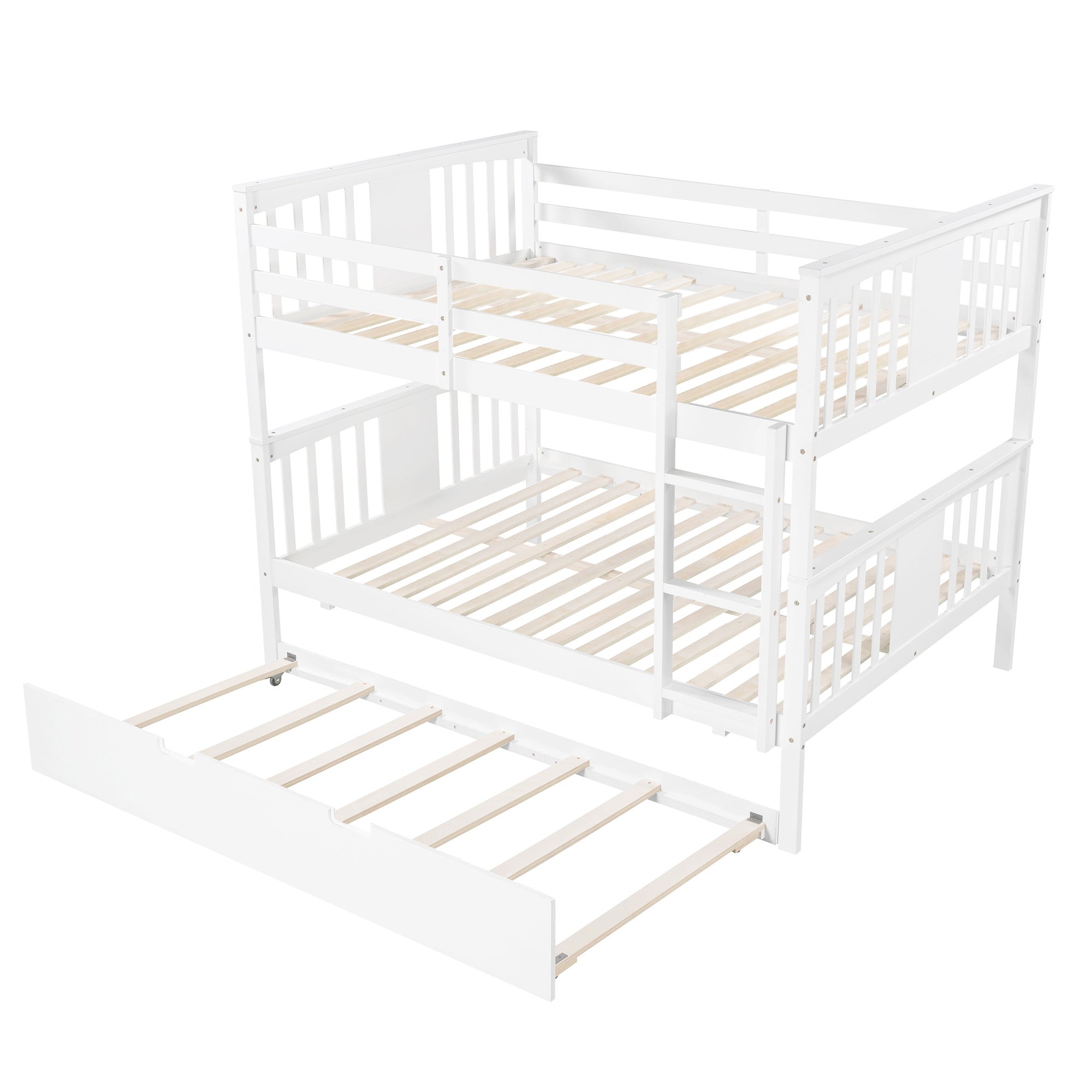 Full Over Full Bunk Bed with Twin Trundle Wood Bunk Bed Frame with Guard Rails and Ladder for Kids Boys Girls Teens Adults, Can be Convertible to 2 Beds,White