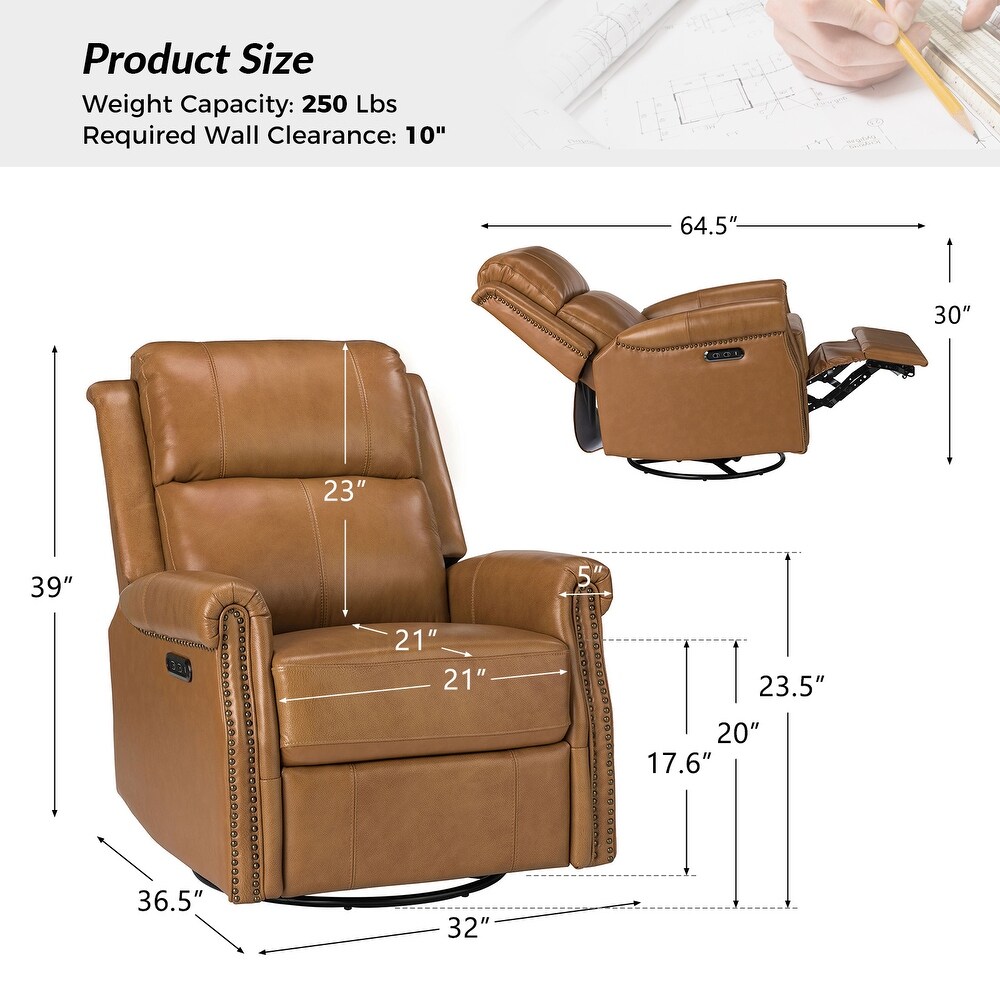 Renato Traditional Genuine Leather Nailhead Power Swivel Recliner Chair with Metal Base Set of 2 by HULALA HOME