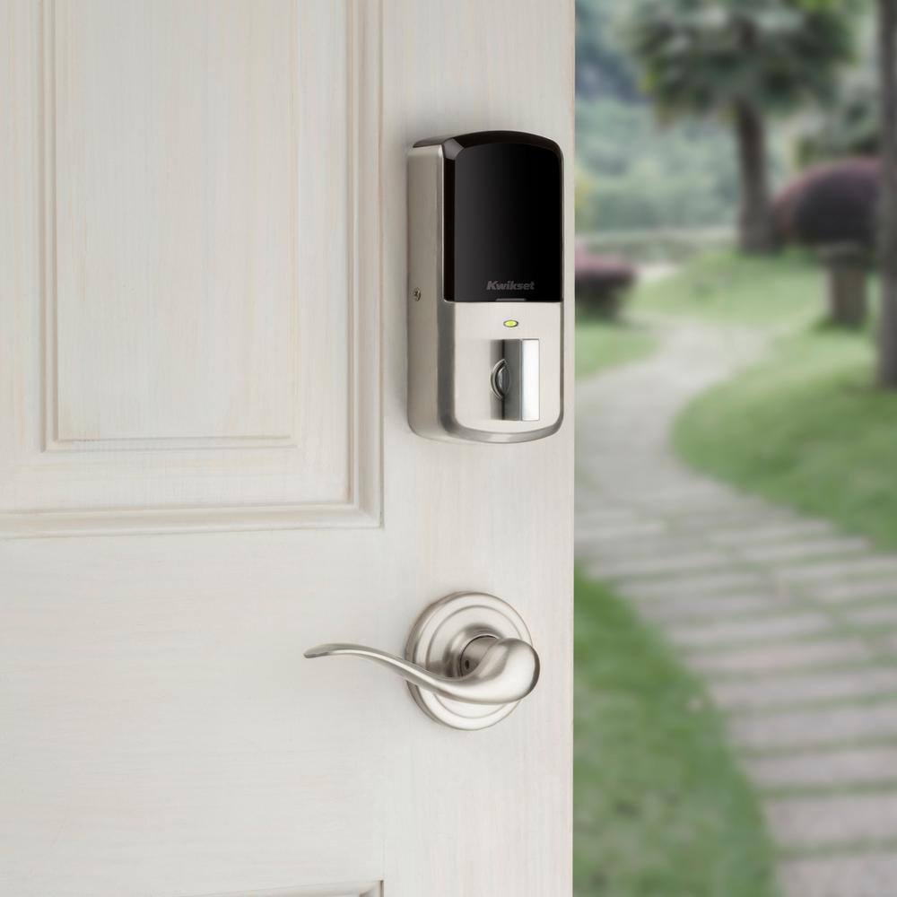 Kwikset Aura Satin Nickel Single Cyl. Elec. BT Keypad Smart Lock Deadbolt Feat SmartKey SecurityAvalon Handle and Tustin Lever 94215 AVH15