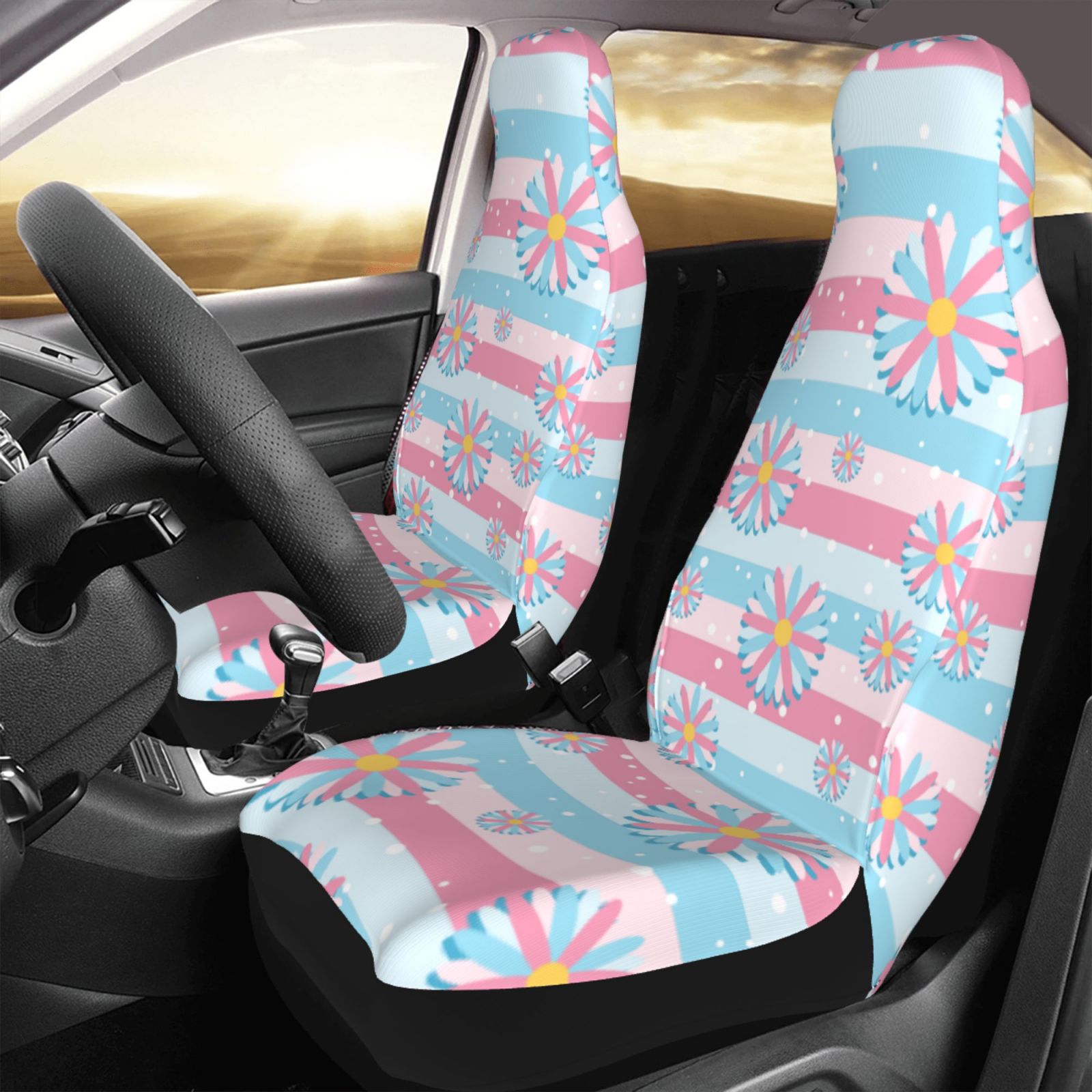 TEQUAN Front Seat Covers， Pastel Flowers Stripes Pattern 2 Piece Car Seat Cover Fit Most Car SUV Truck Van