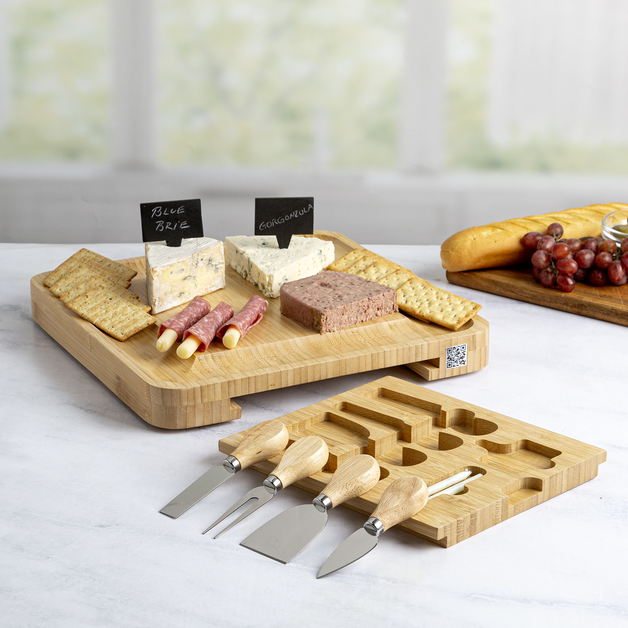 Tasty Natural Bamboo Cheese Board and Charcuterie Tray with Hidden Drawer， Utensils， Markers， and Chalk， 13