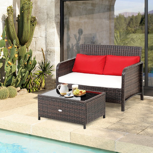 Costway 2pcs Patio Rattan Wicker Love seat Coffee Table Set Cushioned Bench Garden Deck