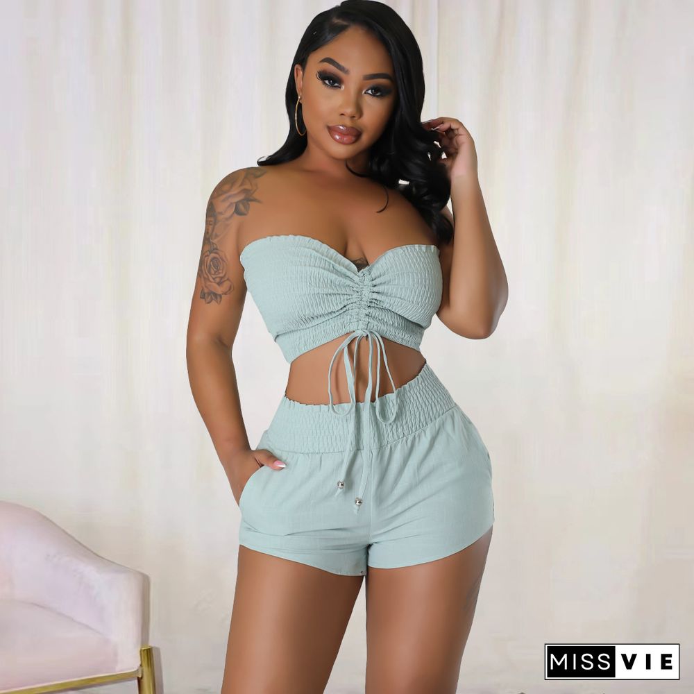 Solid Strapless Wrap Chest Crop Tops and Shorts Set