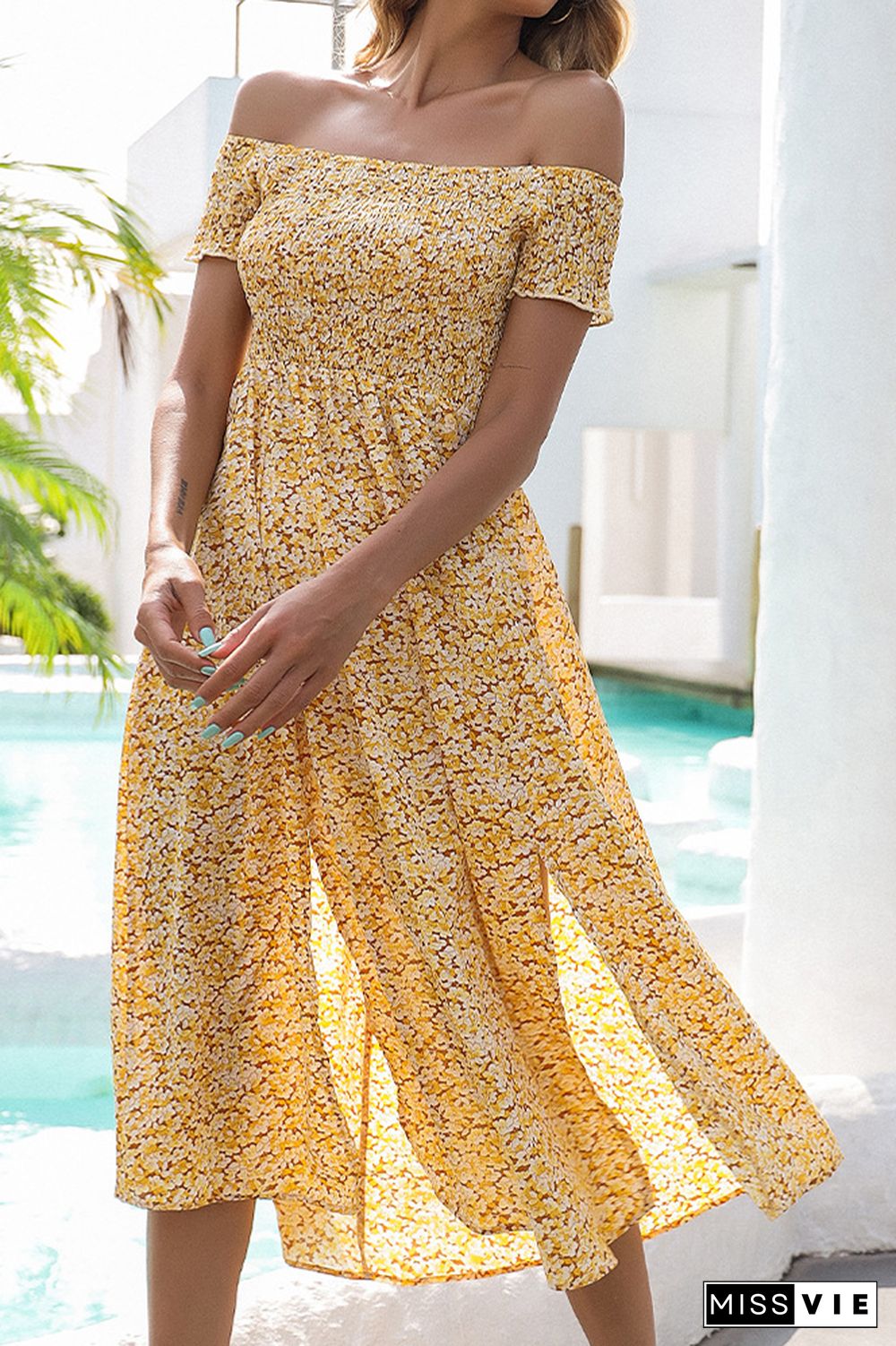 Yellow Off Shoulder Flower Print Split Long Dress