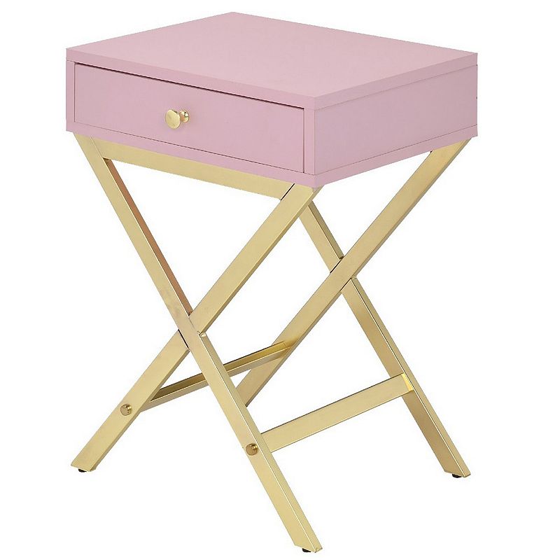 Wood and Metal Side Table with Crossed Base， Pink and Gold