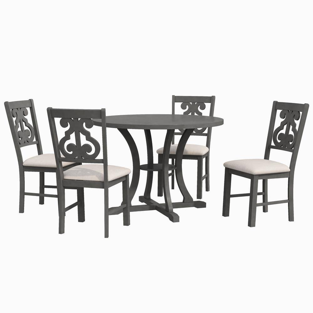 Harper  Bright Designs Exquisitely Designed 5-Piece Round Wood Top Gray Dining Table Set with Special-shaped Legs and Hollow Chair Back XW014AAE