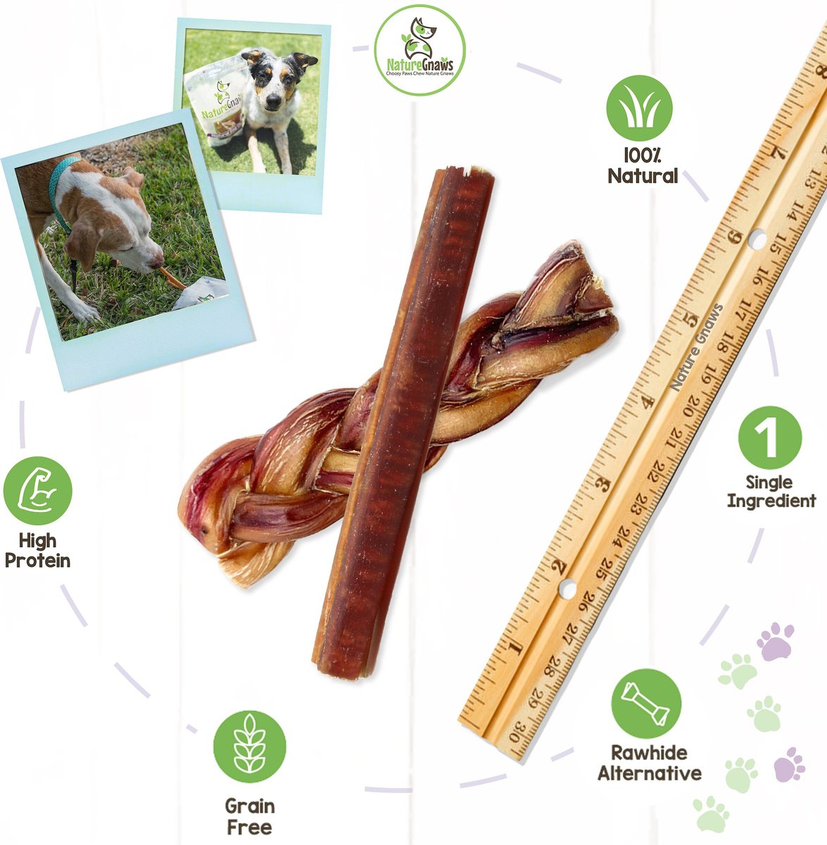 Nature Gnaws Large Bully Stick and Braided Bully Stick Combo Dog Treats， 6 count