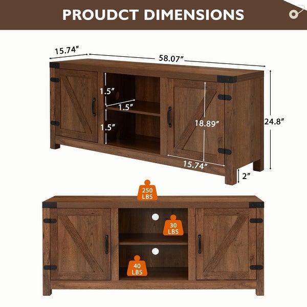 Modern Sliding Barn Door TV Stand with 3 Adjustable Shelves Brown