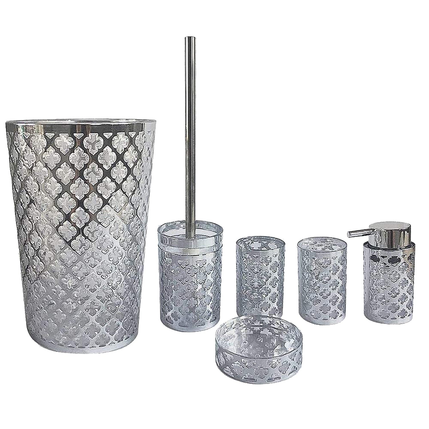 Geneva Collection 6-Piece Complete Bathroom Accessory Set， Chrome Silver