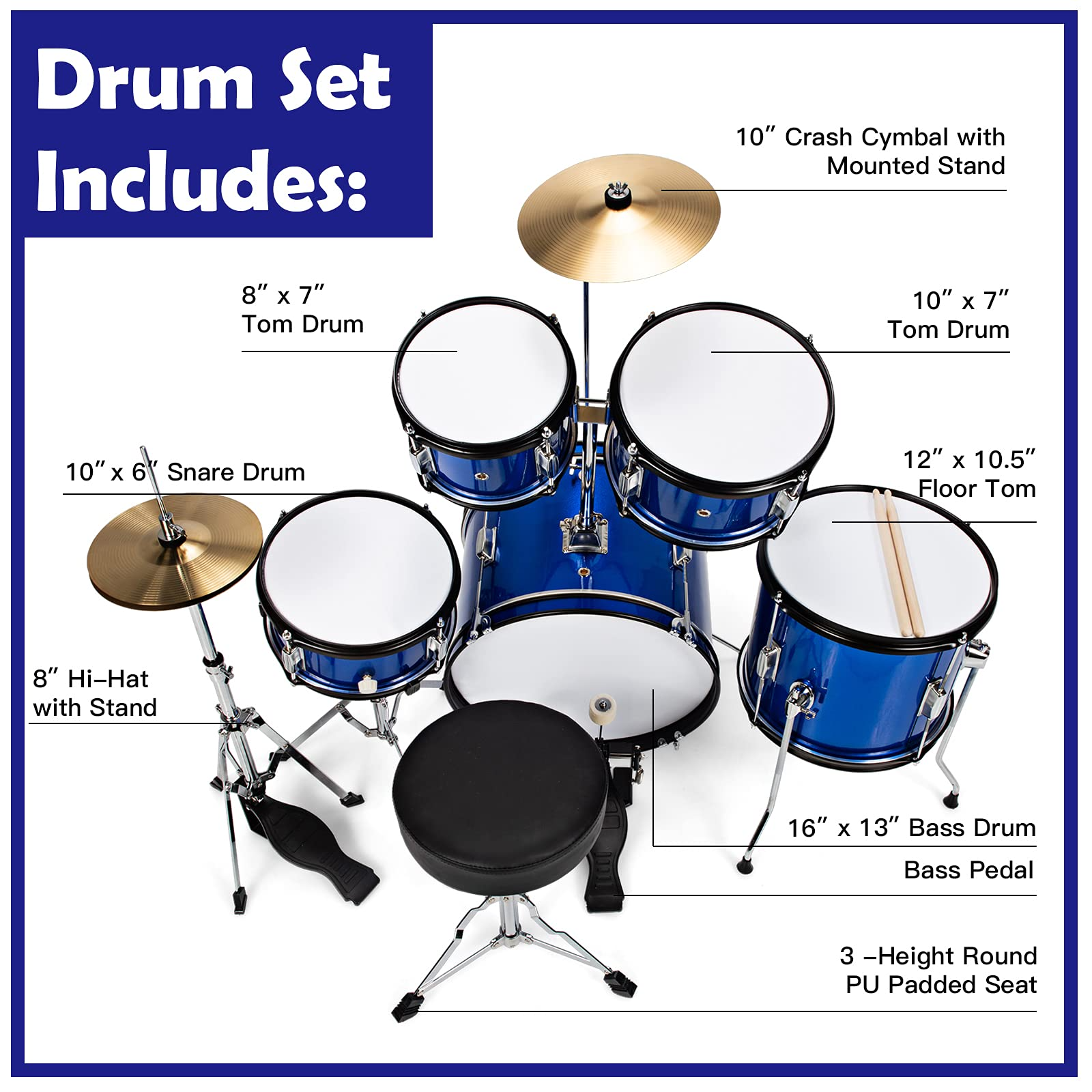 Costzon 16'' Kids Drum Set, 5-Piece Full Size Complete Junior Drum Set with Adjustable Throne