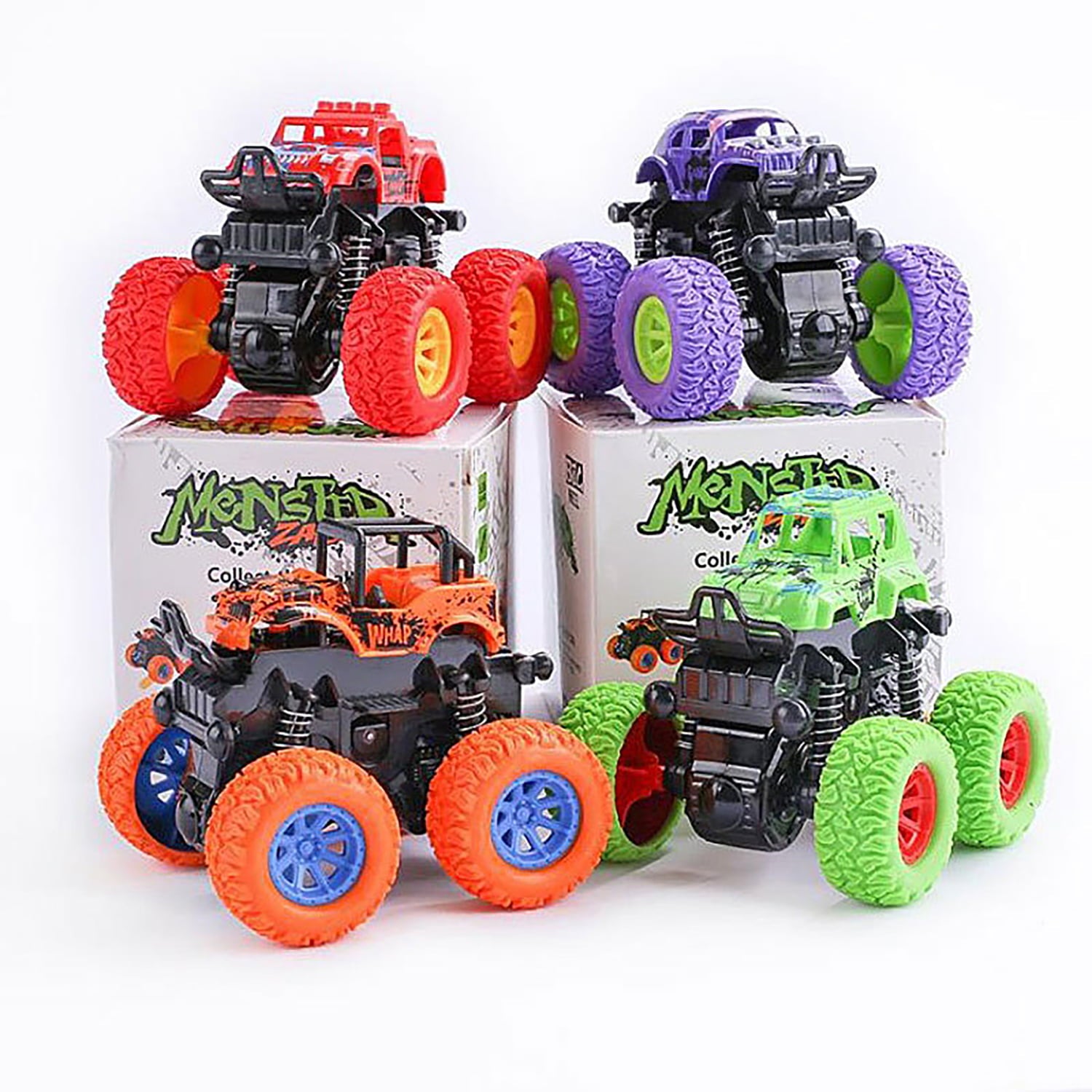 FANL Monster Truck Toys， 4-Pack Friction Powered Toy Cars Push and Go Vehicles for Kids， Stunk 360° Roating Toy