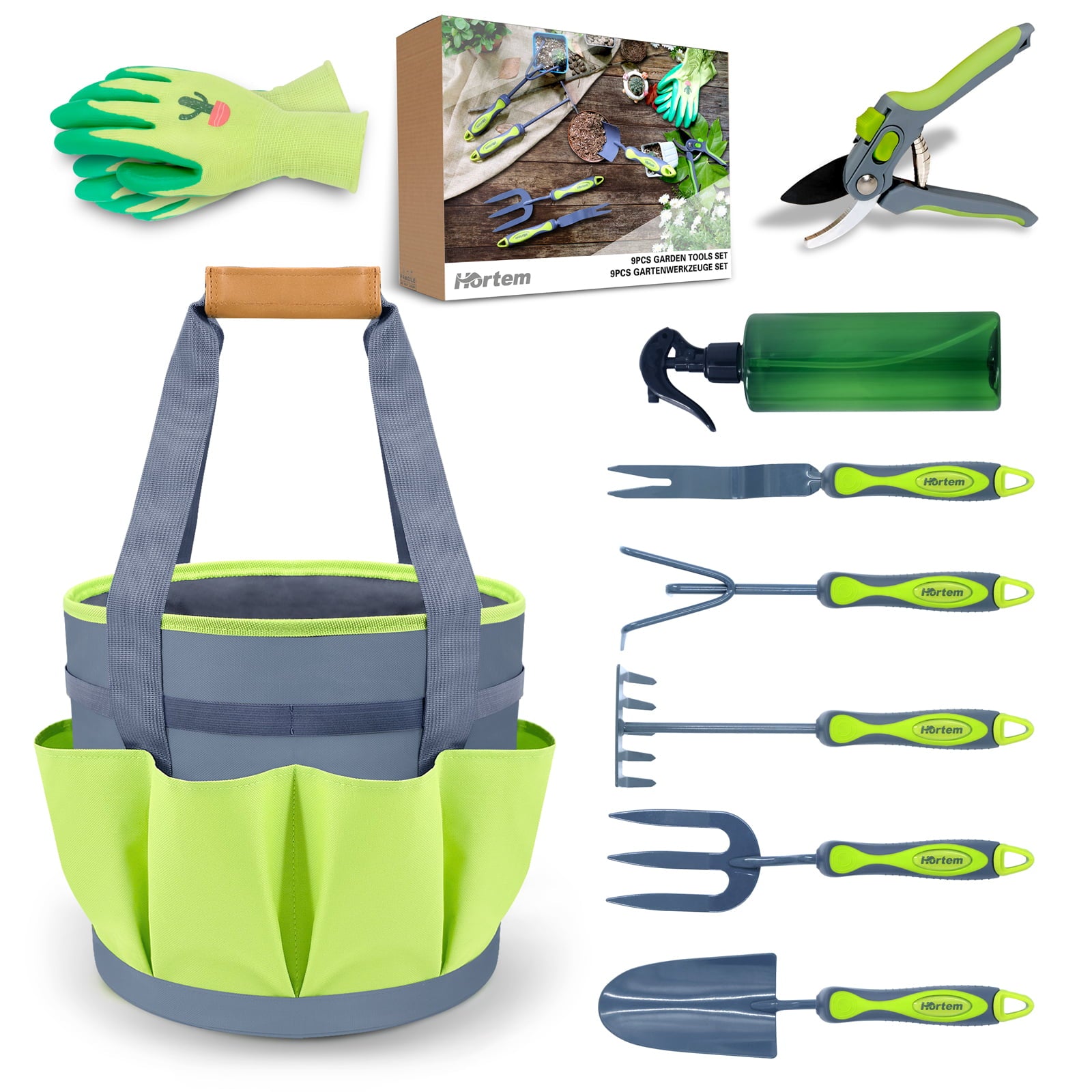 Hortem Garden Tools Set, 9PCS Include Trowel Set, Large Garden Tote Bag, Garden Gloves and Pruner, Gardening Gifts for Women Men