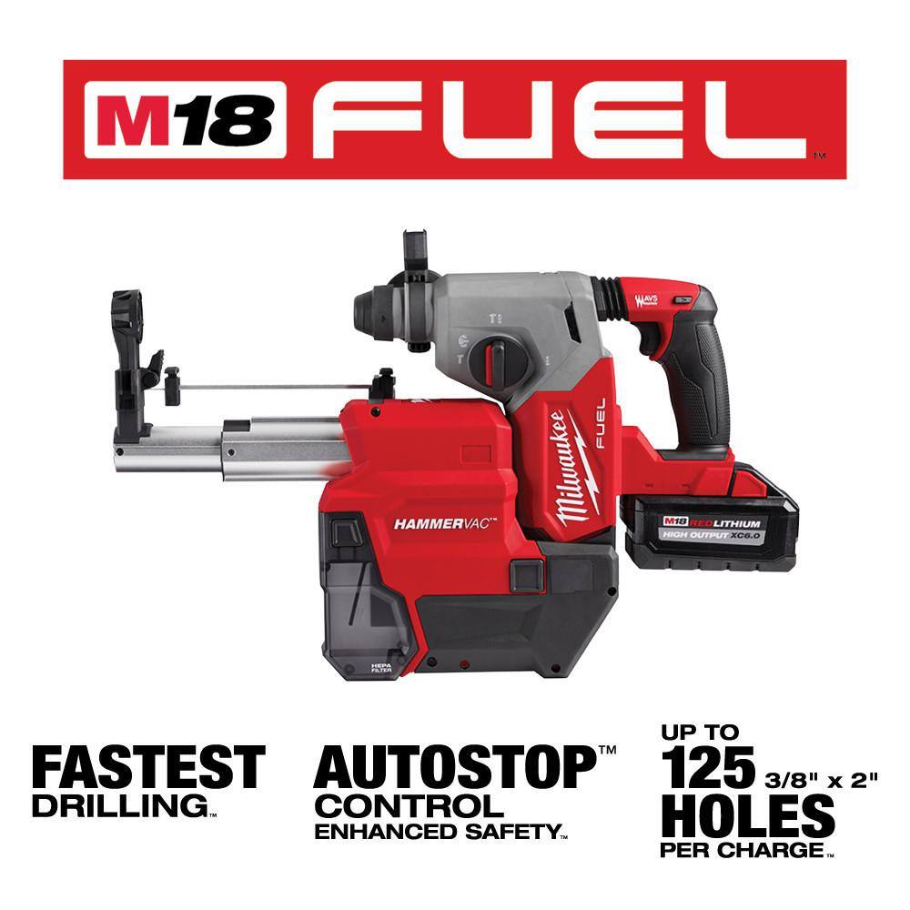 MW M18 FUEL 18V Lithium-Ion Brushless 1 in. Cordless SDS-Plus Rotary HammerDust Extractor Kit Two 6.0 Ah Batteries 2912-22DE