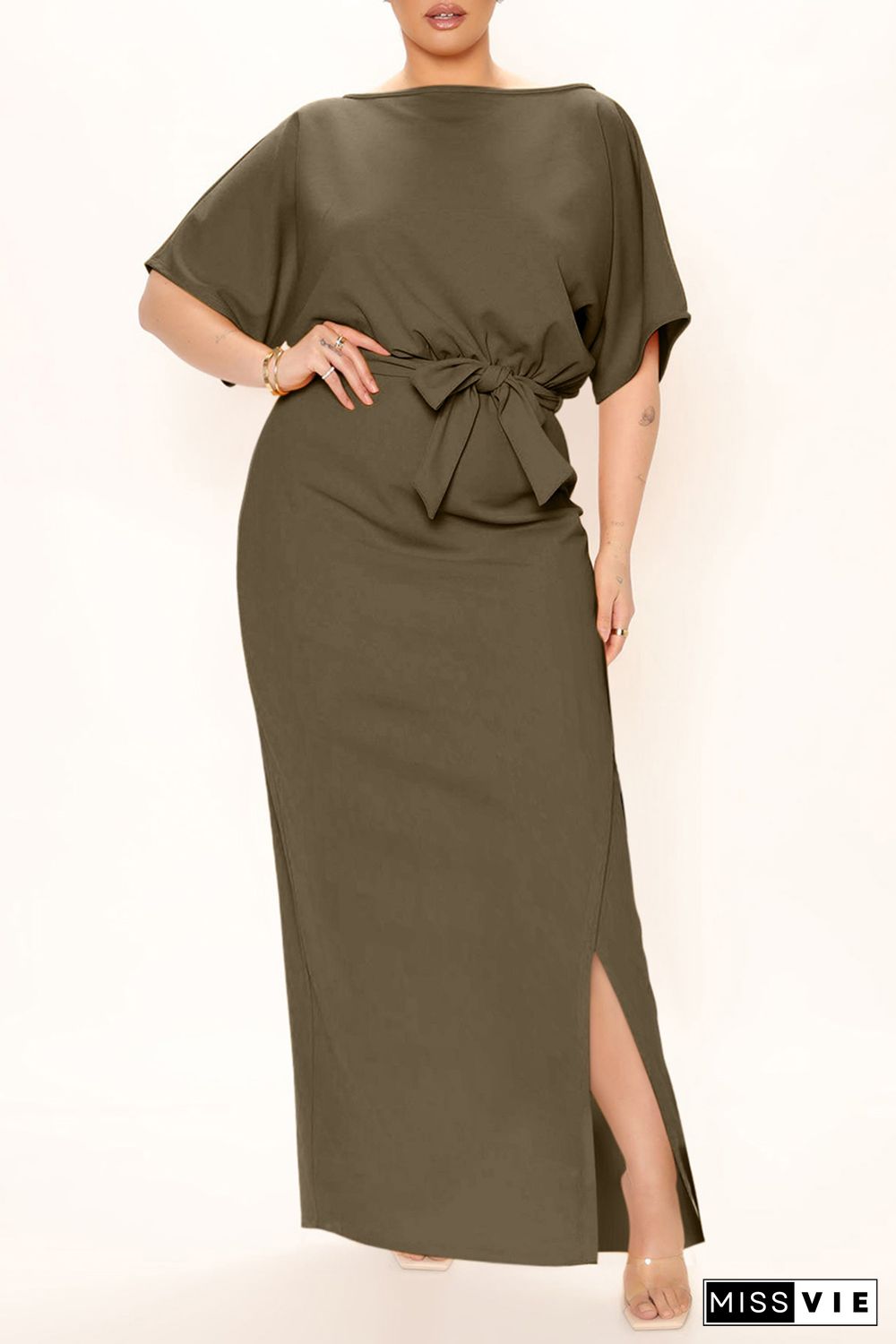 Green Belted High Waist Side Slit Plus Size Maxi Dress