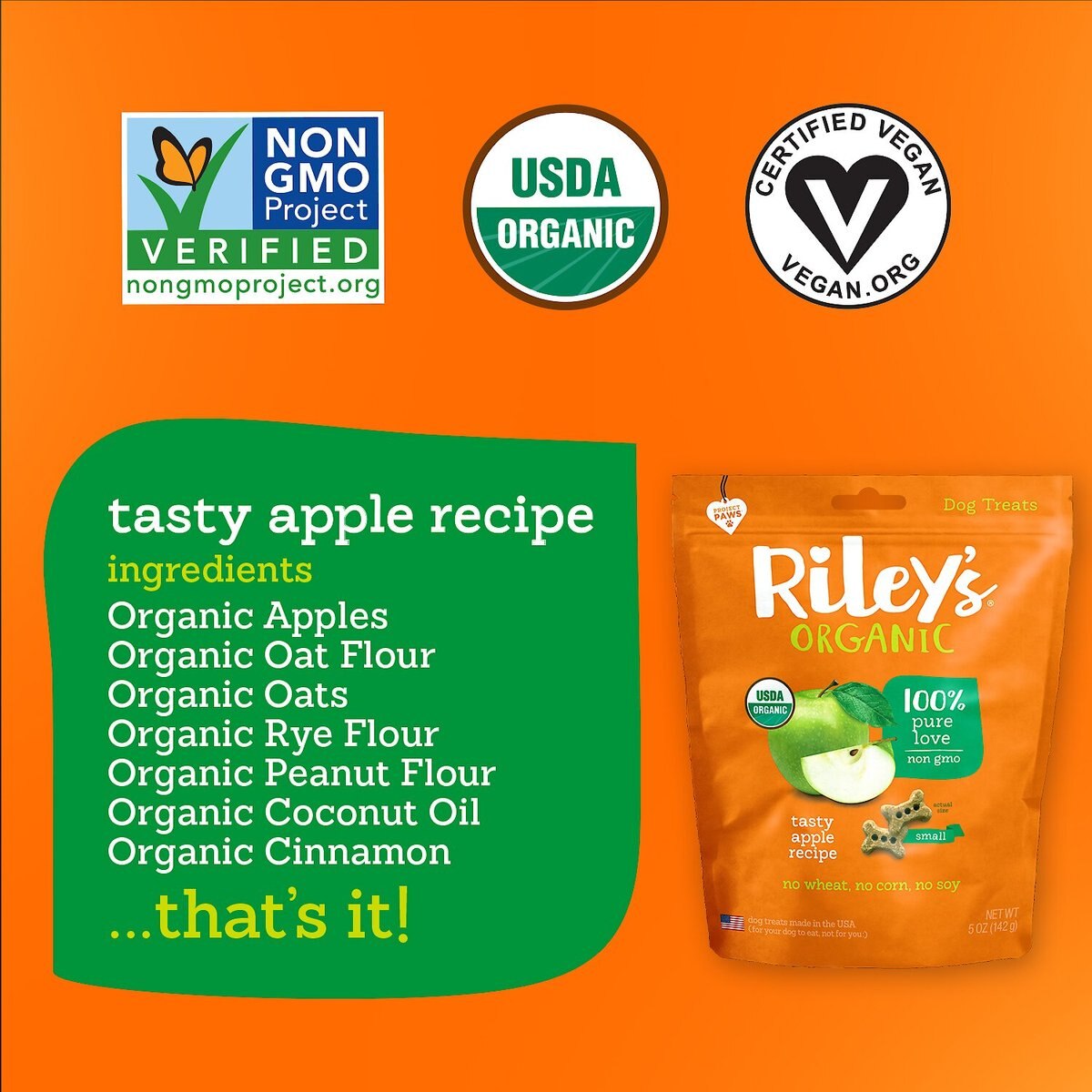 Riley's Organic Tasty Apple Bone Dog Treats， 5-oz bag， Small