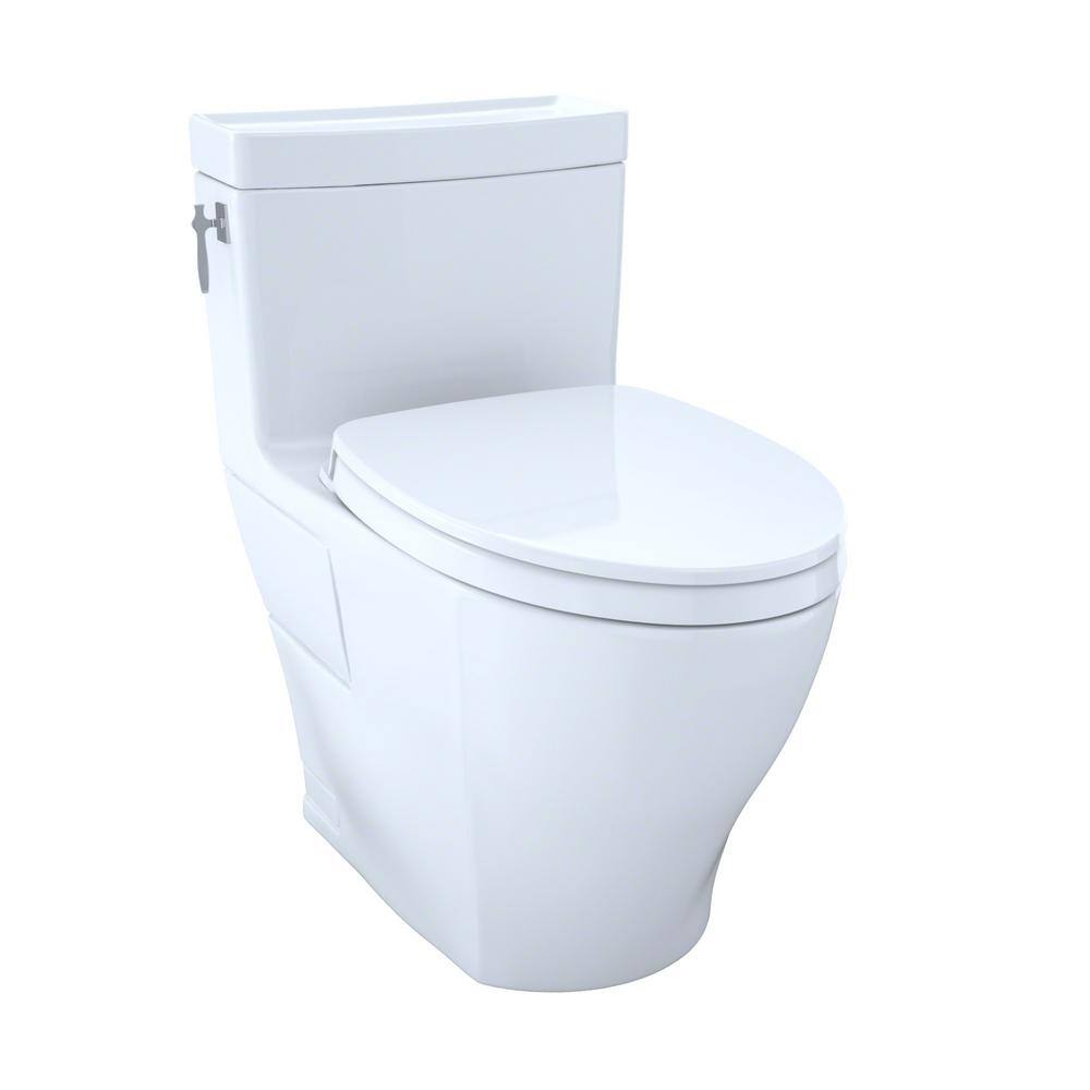 TOTO Aimes 1-piece 1.28 GPF Single Flush Elongated ADA Comfort Height Toilet in Cotton White SoftClose Seat Included MS626124CEFG#01