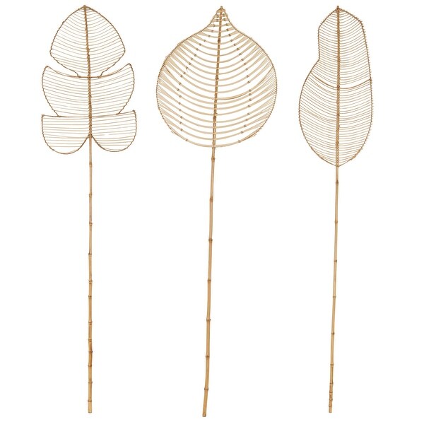 Black Bamboo Wood Handmade Tall Palm Leaf Woven Stick Leaf Home Decor Natural Foliage with Varying Shapes (Set of 3)