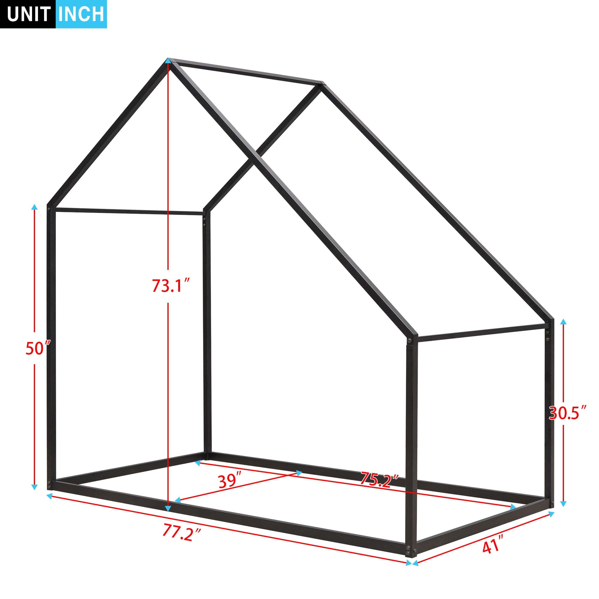 Double Bed Metal Bed Children's Bed, Black, Size 77.2"L x 41"W x73.1"H, This bed provides a safe space for your child to have a good night's sleep