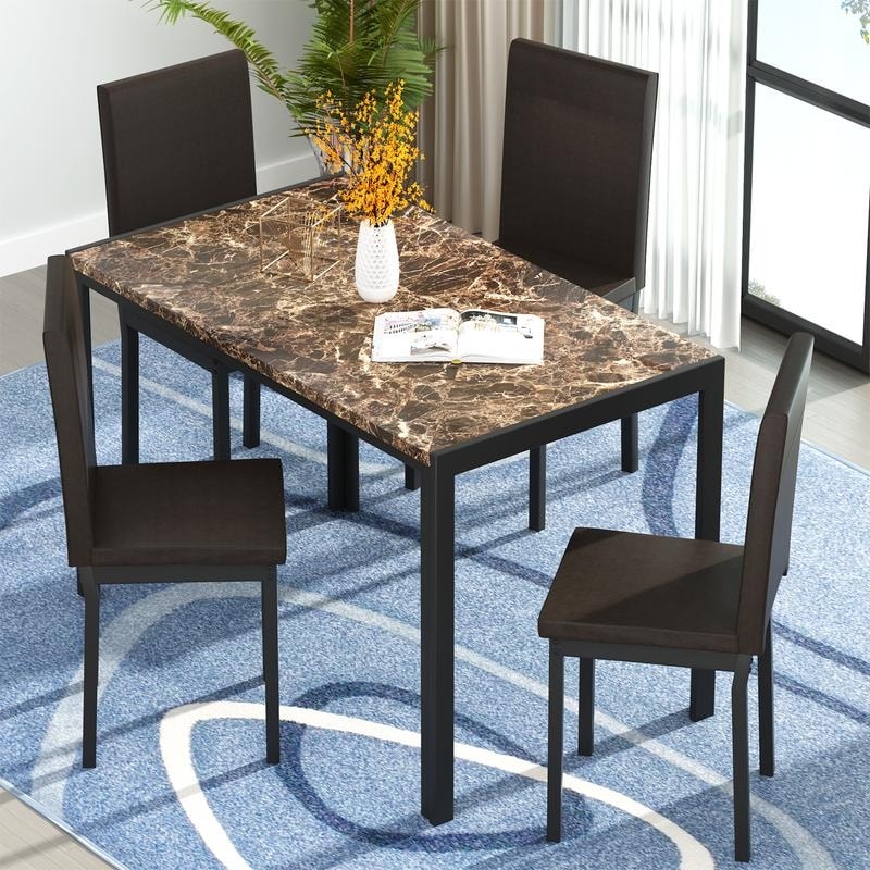 Modern Faux Marble 5 Pieces Kitchen Dining Set with 4 Cushion PU Leather Chairs