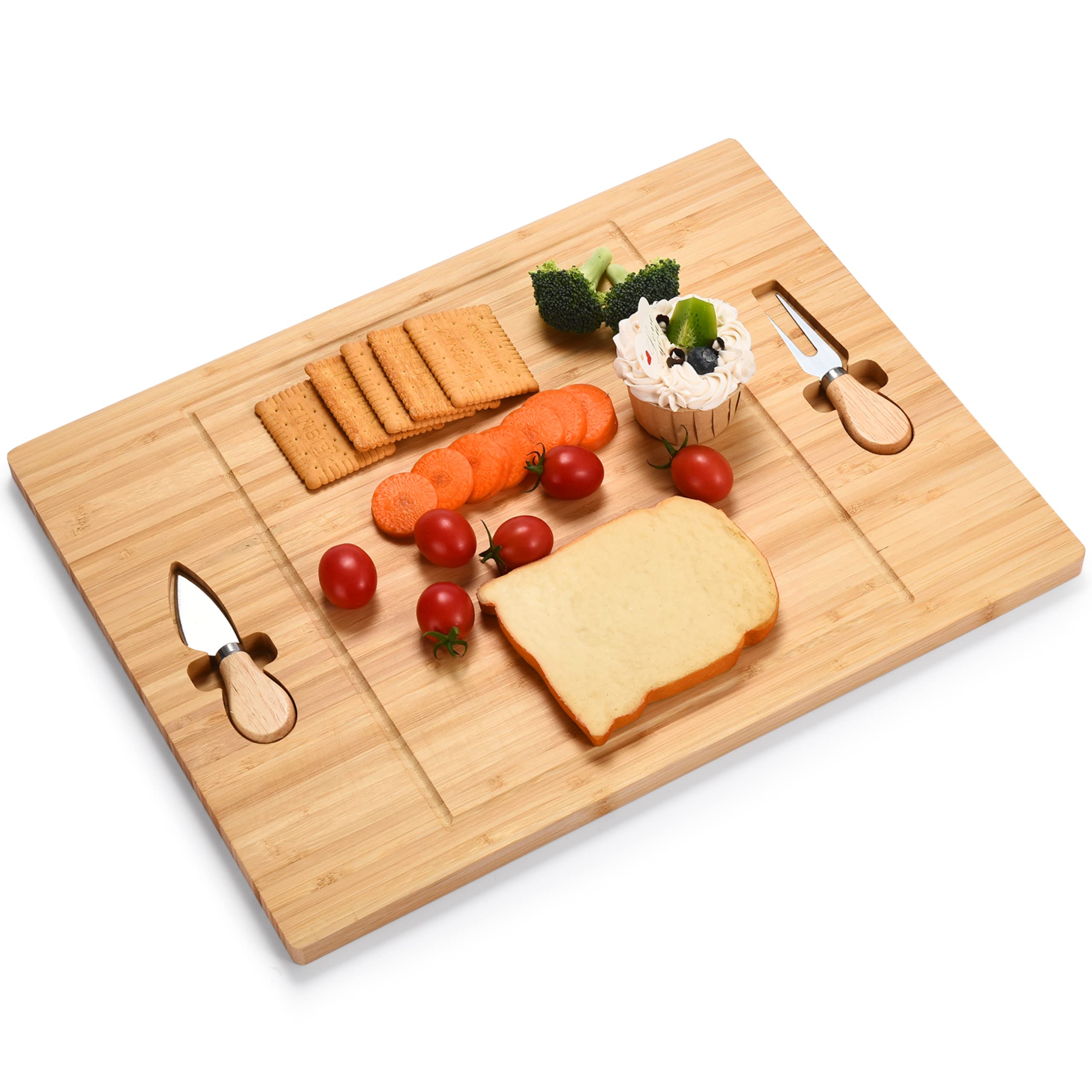 Bamboo Wooden Cheese Board With Knife and Fork Set - Charcuterie Board