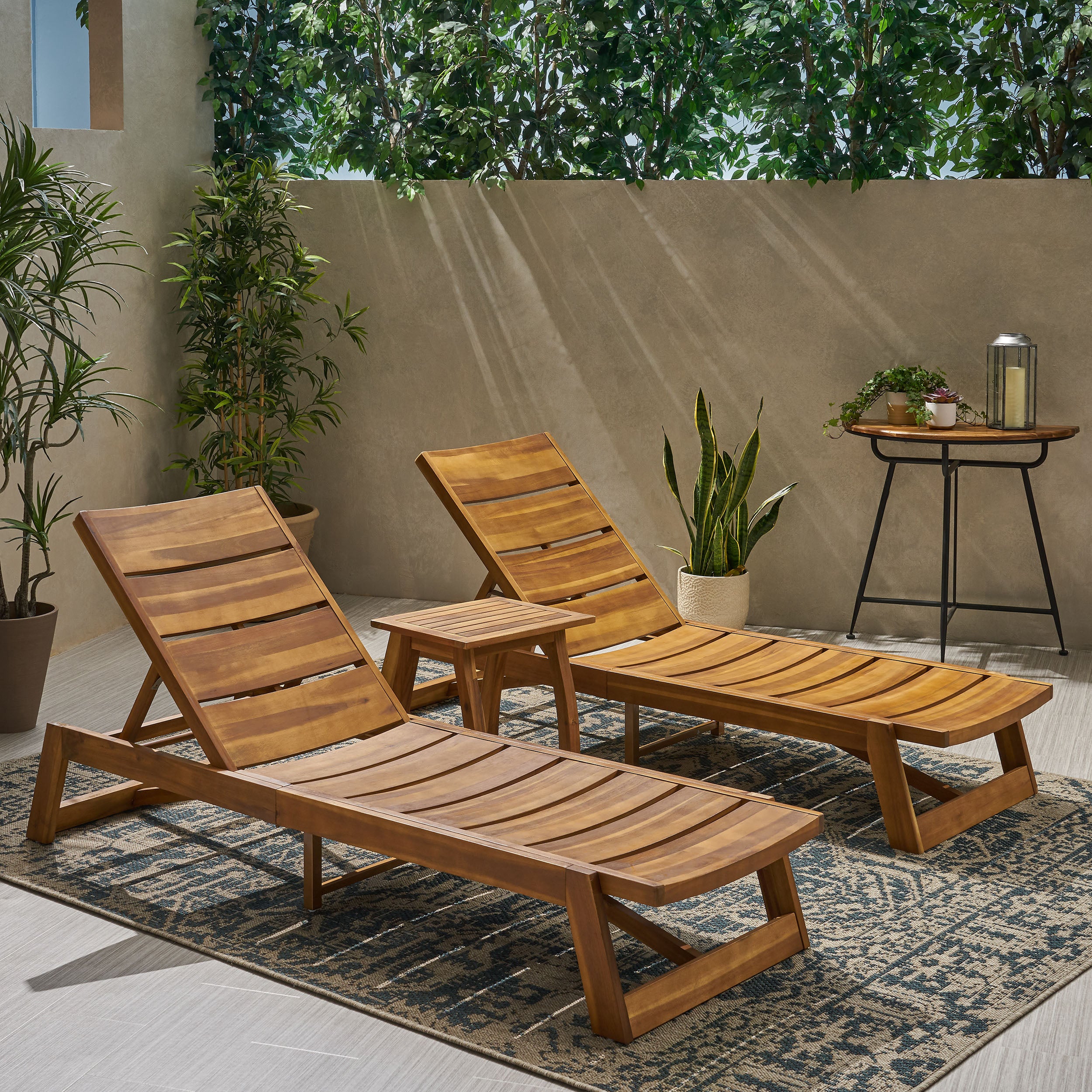 Penny Outdoor Acacia Wood Chaise 3 Piece Lounge Set