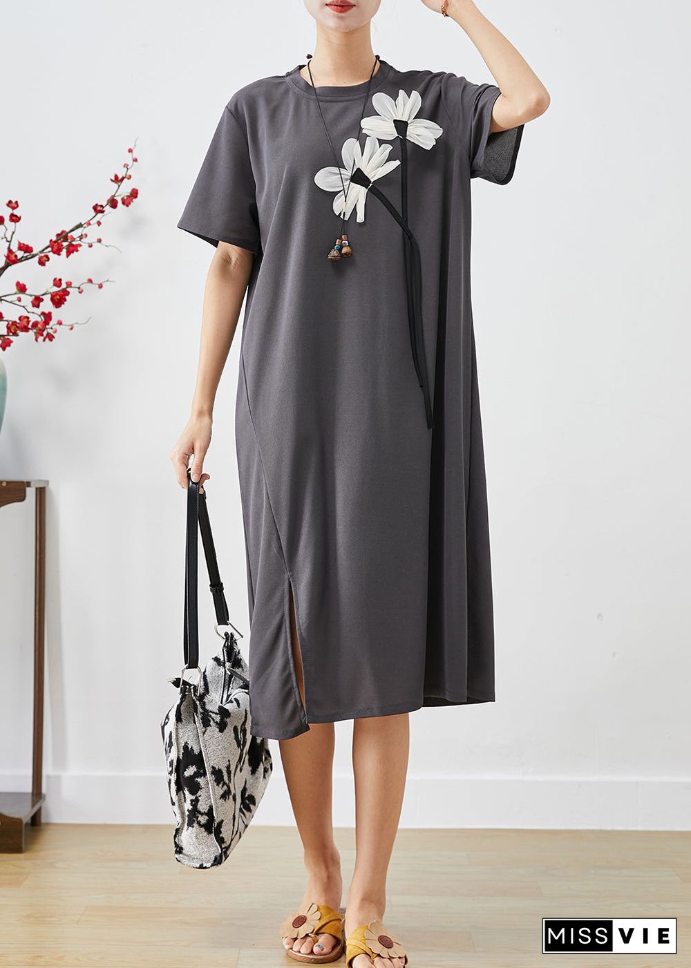 Handmade Grey Floral Side Open Cotton Dress Summer