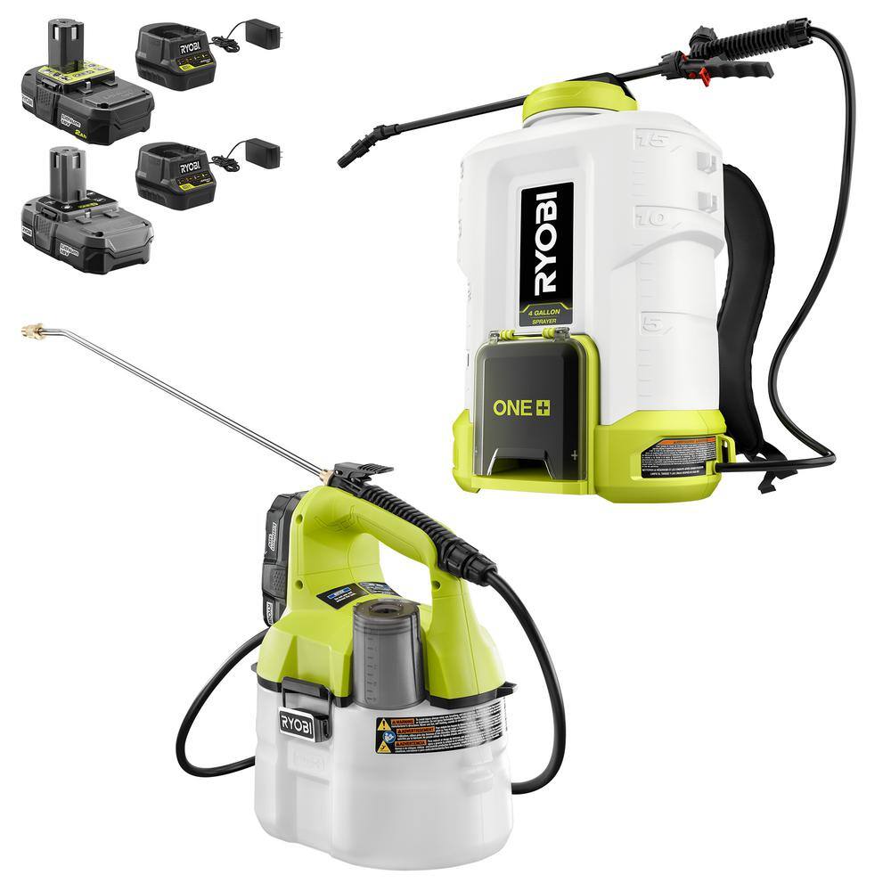 RYOBI ONE+ 18V Cordless Battery 4 Gal. Backpack and 1 Gal. Handheld Chemical Sprayers with 2.0 Ah 1.3 Ah Battery and Charger P2860-2810