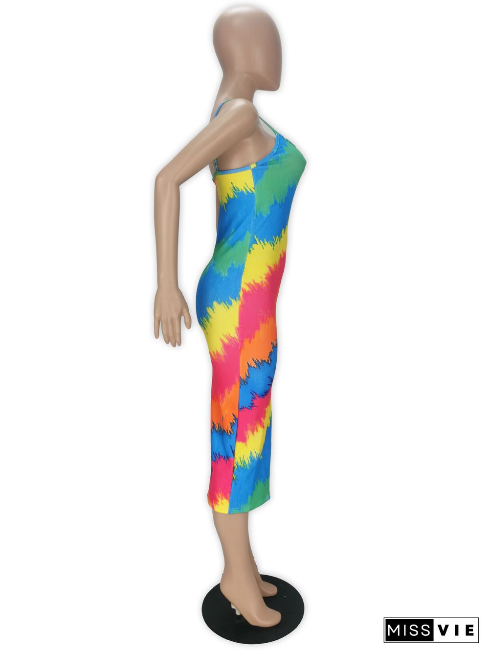 Tie Dye Striped Spaghetti Strap Skinny Midi Dresses