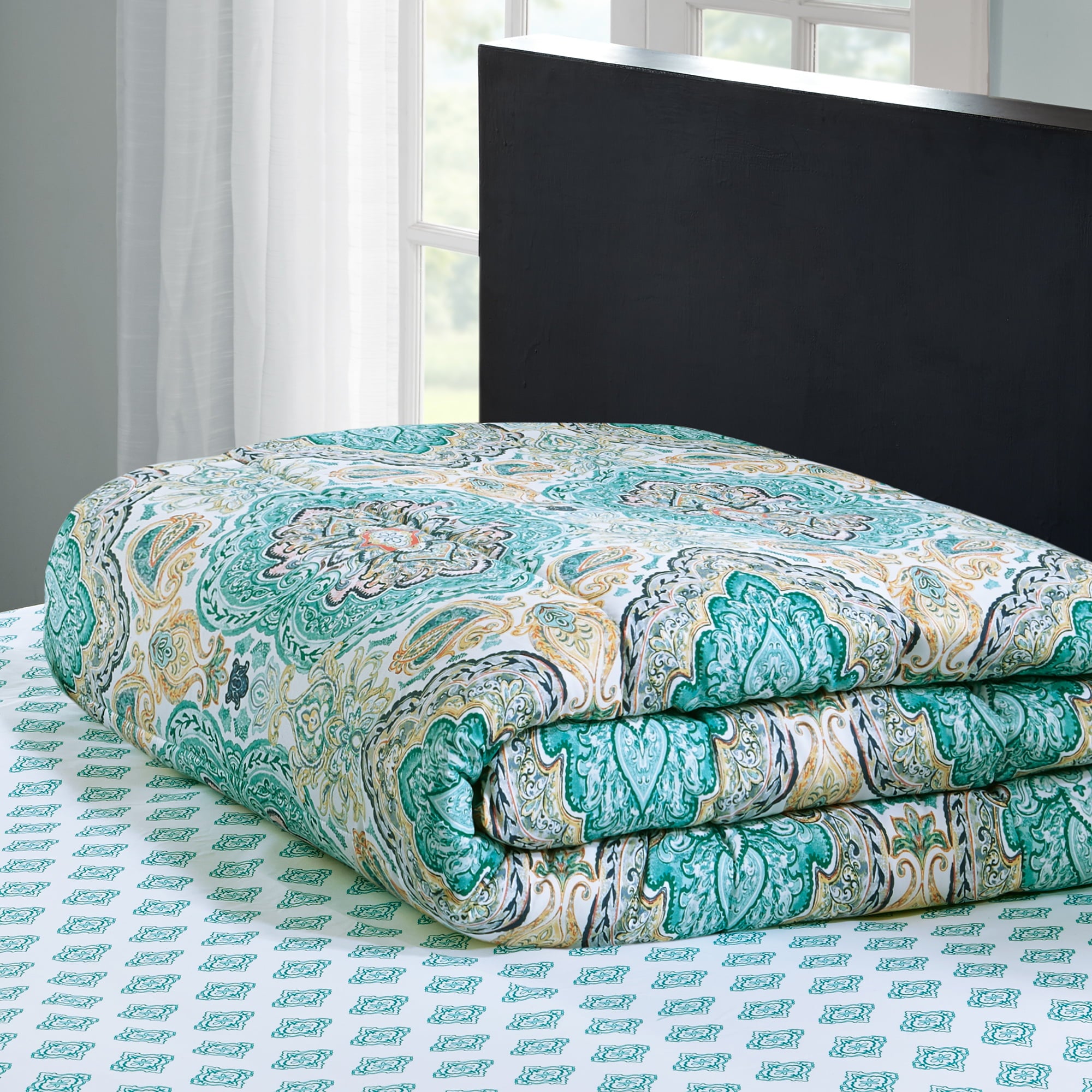 Mainstays Teal Paisley 6 Piece Bed in a Bag Comforter Set With Sheets， Tw/TXL