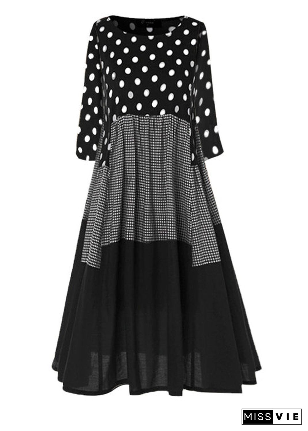 Round Neck Polka Dot long Sleeve Dress Black