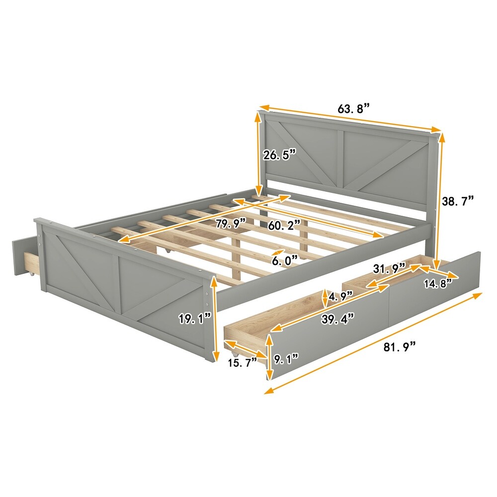 Wooden Platform Bed with 4 Storage Drawers and Support Legs