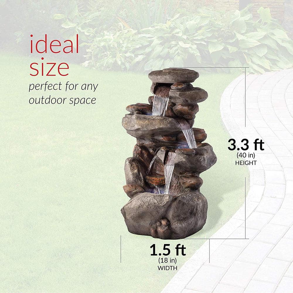 Alpine Corporation 40 in. Tall Outdoor 4-Tier Rock Water Fountain with LED Lights WIN316