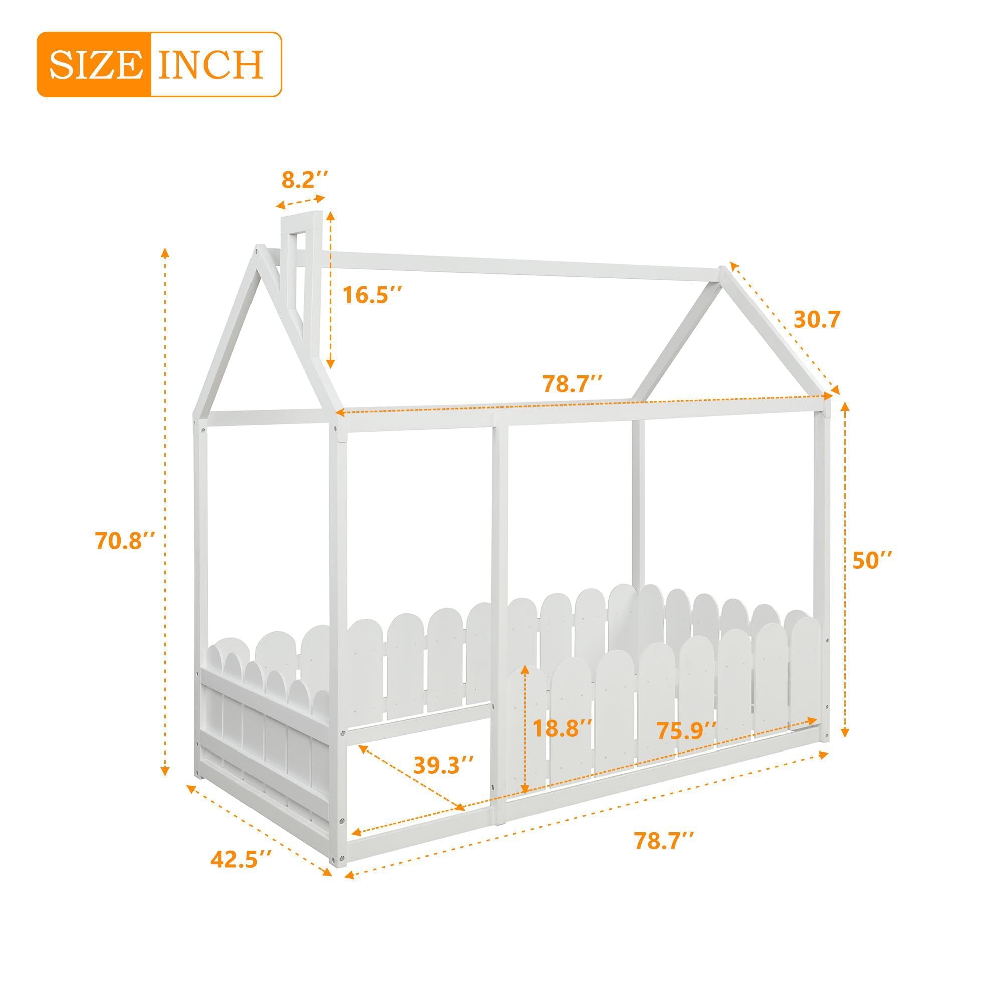 Twin House Bed, Floor Bed with Roof and Fence, Solid Wood Bed Frame for Kids Teens Girls Boys, Not included Slats, Box Spring Needed, No Limit Weight Capacity, White