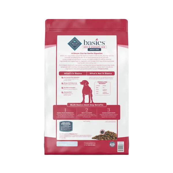 Blue Buffalo Basics 22 lb Skin and Stomach Care， Salmon and Potato， Grain Free Natural Adult Dry Dog Food