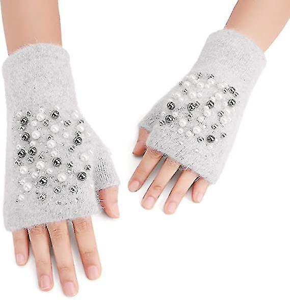 Winter Chic Beads Knitted Gloves Driving Writing Typing Short Fingerless Mitten2setmulti-color