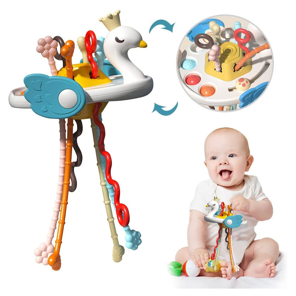 Toys for 1 2 3 Year Old， Baby Toys 6-12 Months， Infant Toys， Food Grade Silicone Pull String Activity Teething Toys for Babies