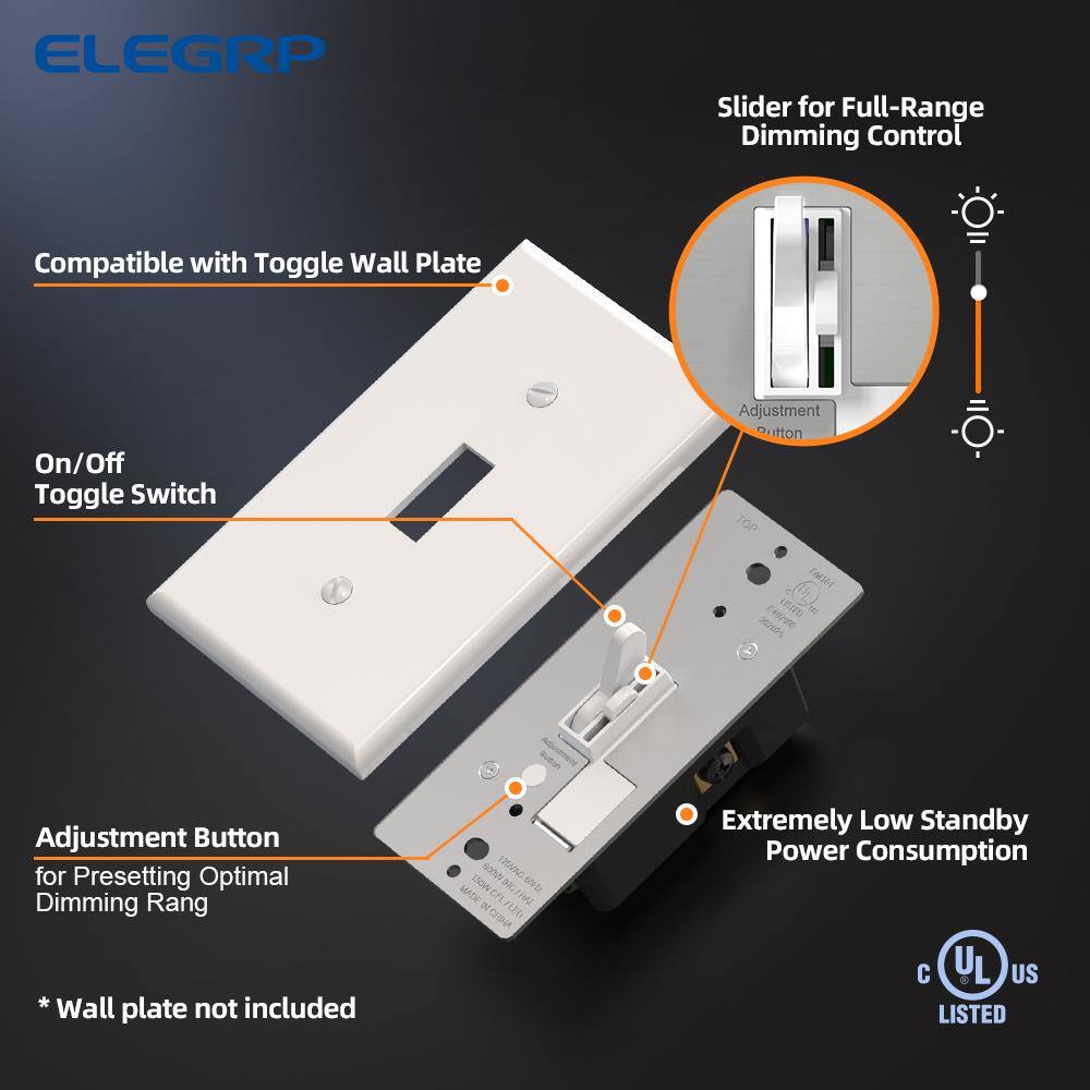 ELEGRP Slide Toggle Dimmer Switch for Dimmable LED CFL and Incandescent Bulbs Single Pole3-Way White (2-Pack) DM101S-WH2N