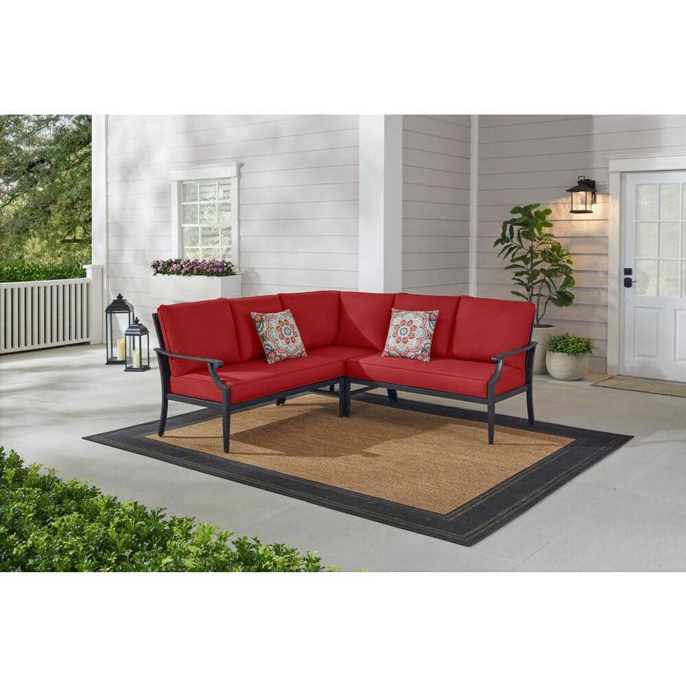 Hampton Bay Braxton Park 3-Piece Black Steel Outdoor Patio Sectional Sofa with CushionGuard Chili Cushions 505.0851.000