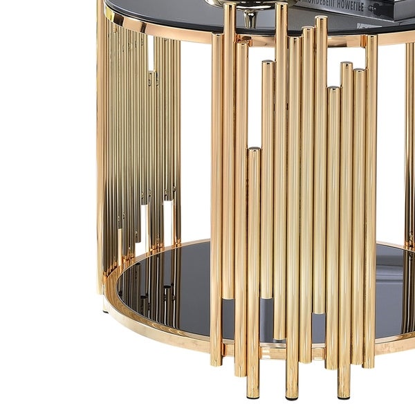 Modern Metal and Glass End Table with Tubing Design， Black and Gold