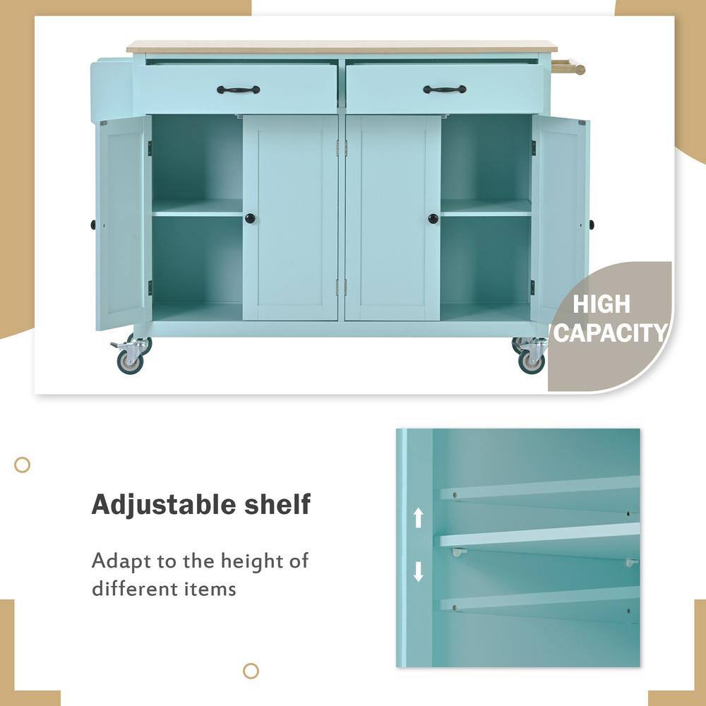 Mint Green Rubberwood Top 54.3 in. Kitchen Island Cart Locking Wheels Spice Towel Rack with 4-Door Cabinet and 2-Drawer EC-KIW-5202