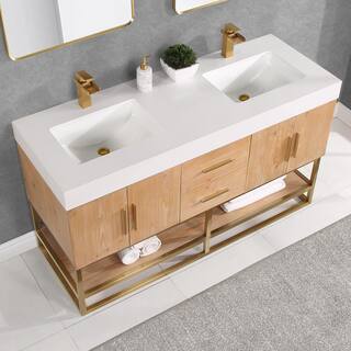 Altair Bianco 60 in. W x 22 in. D x 34 in . H Double Sink Bath Vanity in Light Brown with White Composite Stone Top 552060G-LB-WH-NM