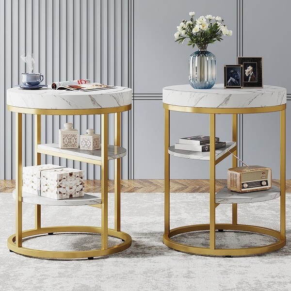 Gold End Table， Modern 3-Tier Side Table with Storage Shelf