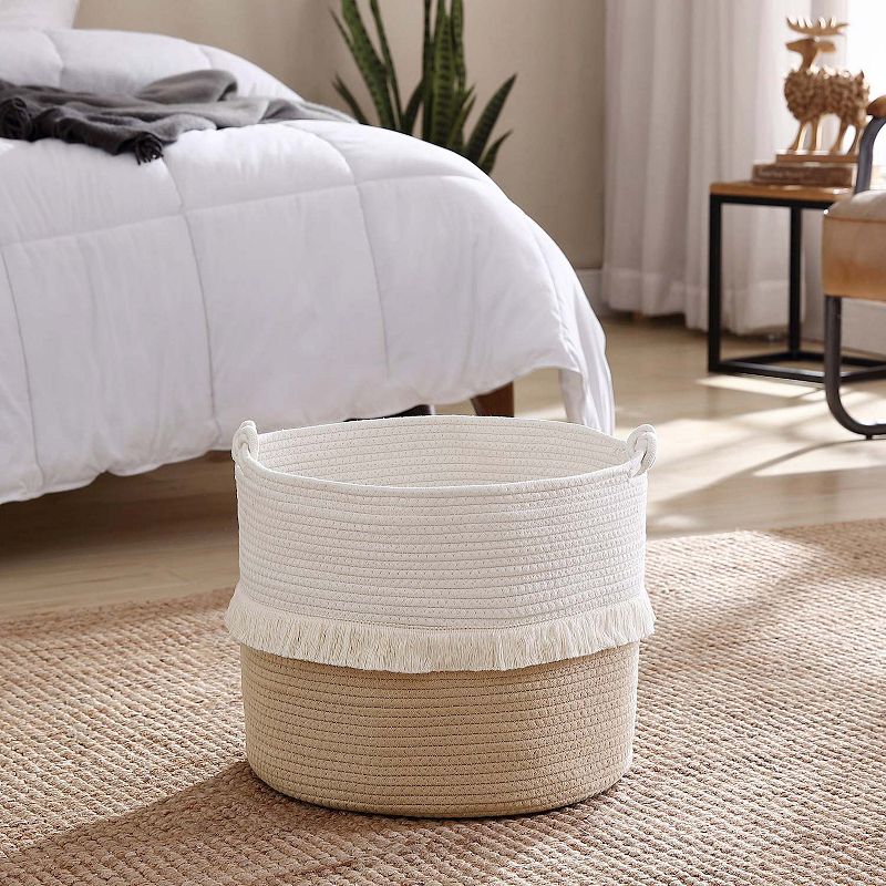 Ornavo Home Medium Round Woven Cotton Rope Boho Tassels Storage Basket