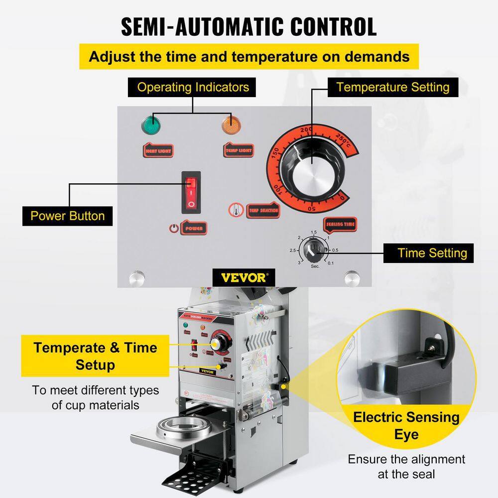 VEVOR Semi-automatic Cup Sealing Machine 300-500 Cup per Hour 9095 mm Cup Diameter Tea Cup Sealer Machine with Control Panel NFKWY-680110VHXW1V1