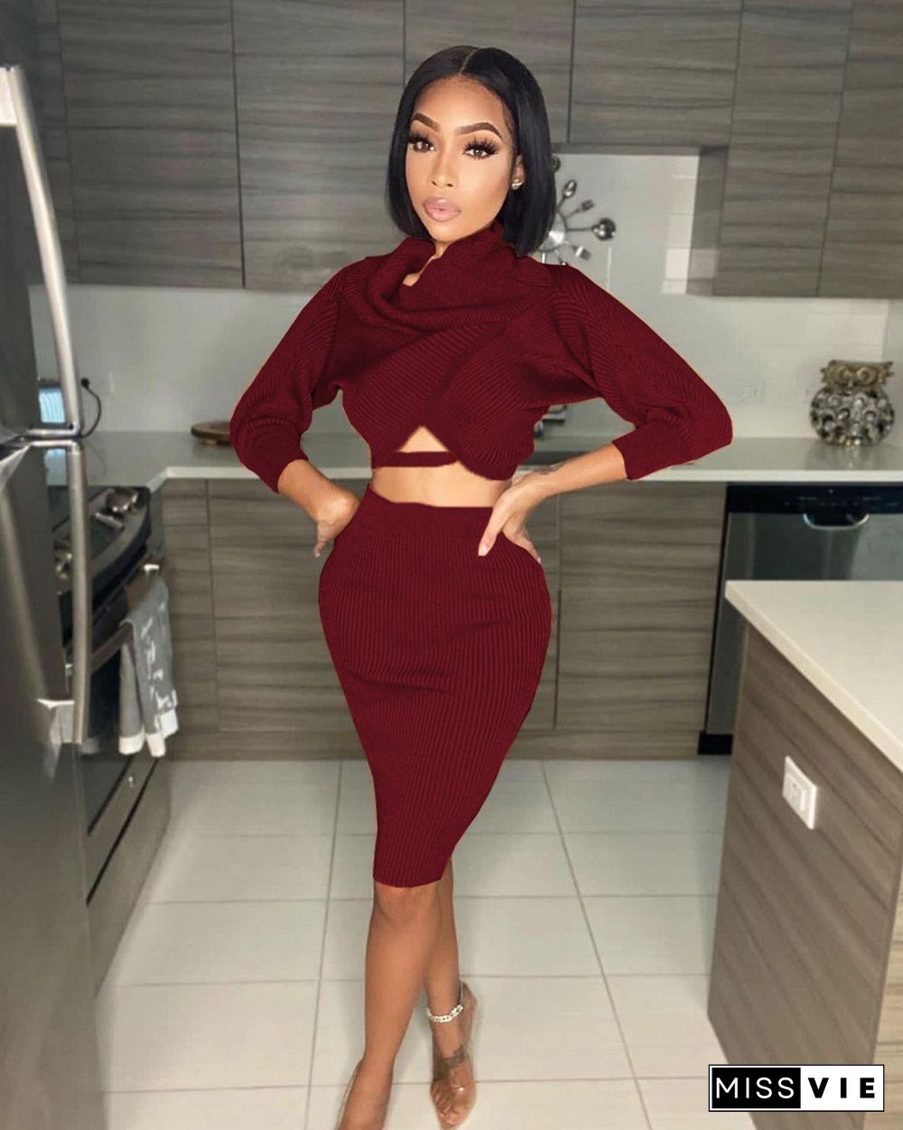 Solid Color Off Shoulder Bat Sleeve Crop Top Midi Skirt Suit