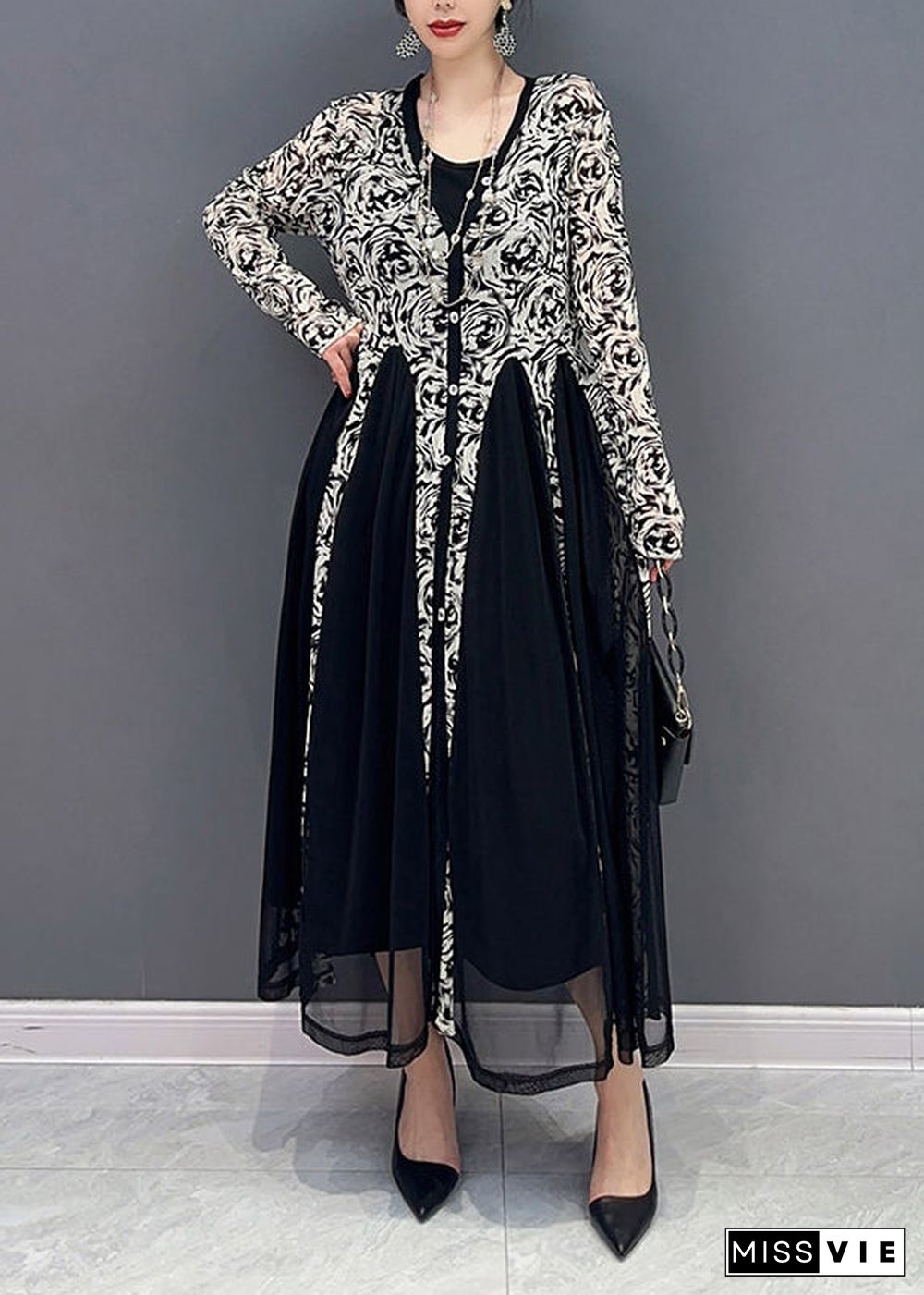 Black Patchwork Button Tulle Long Dresses Long Sleeve