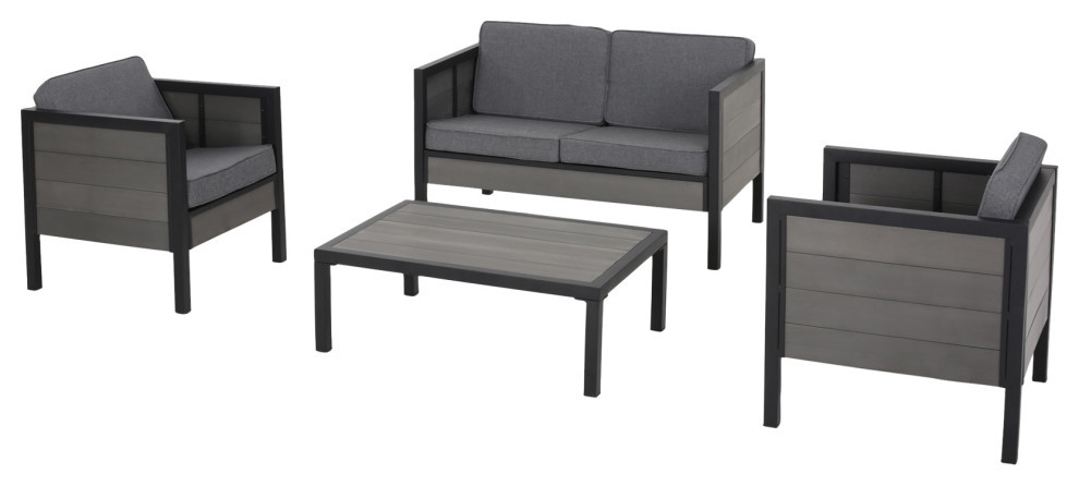 McKinley Outdoor 4 Seater Chat Set With Cushions  Black/Gray   Transitional   Outdoor Lounge Sets   by GDFStudio  Houzz